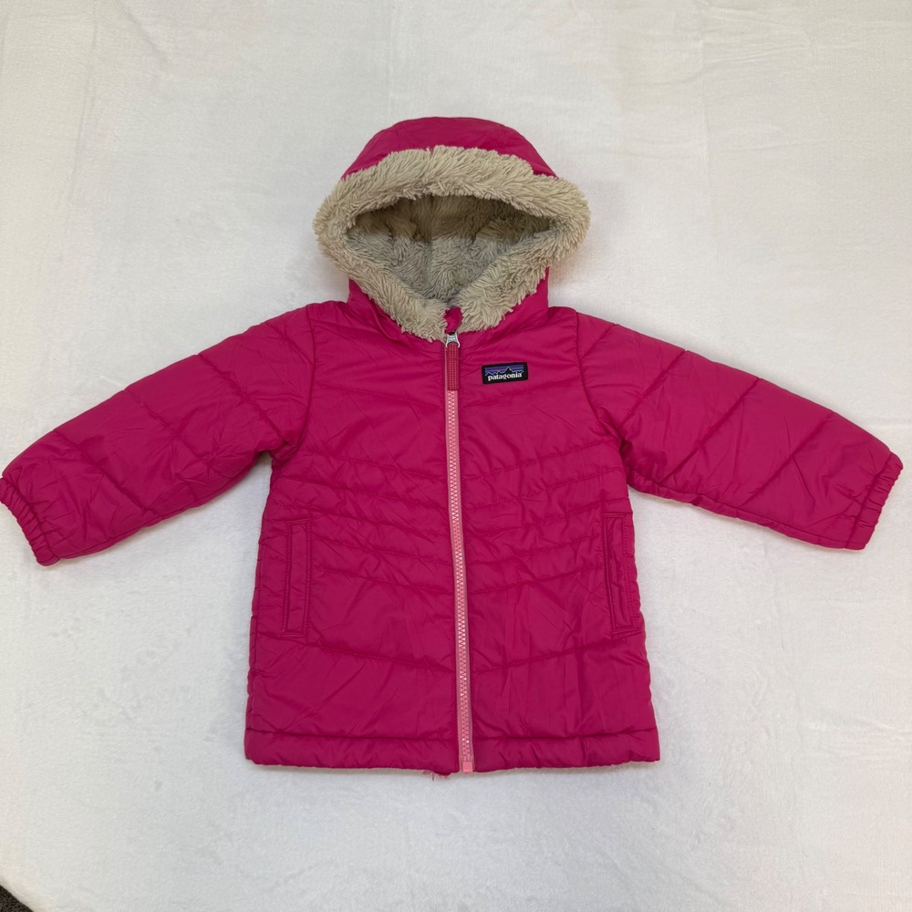 Patagonia Kids Pink Hooded Puffer‎ Jacket Full Zip Faux Fur Trim 12M Baby Girl
